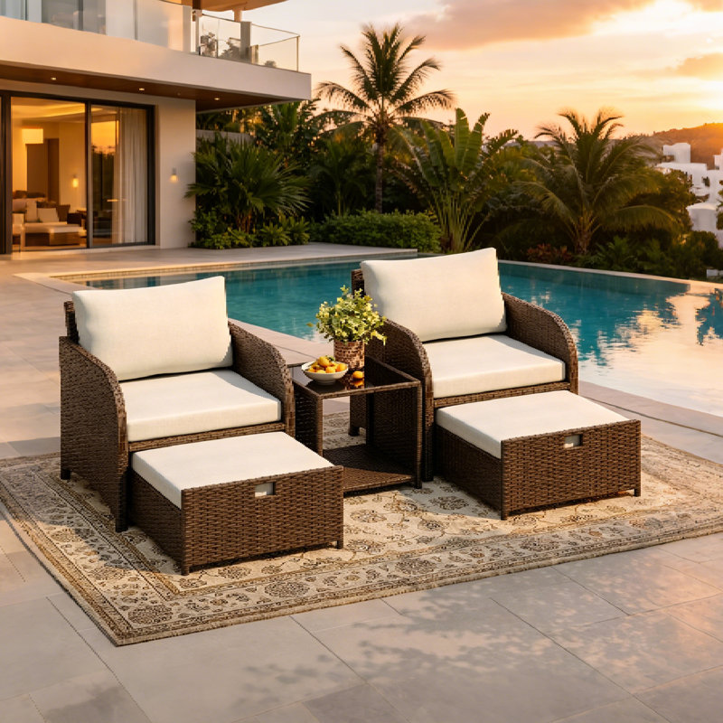Ensemble de conversation de patio 5 pièces avec repose-pieds caché, Beige