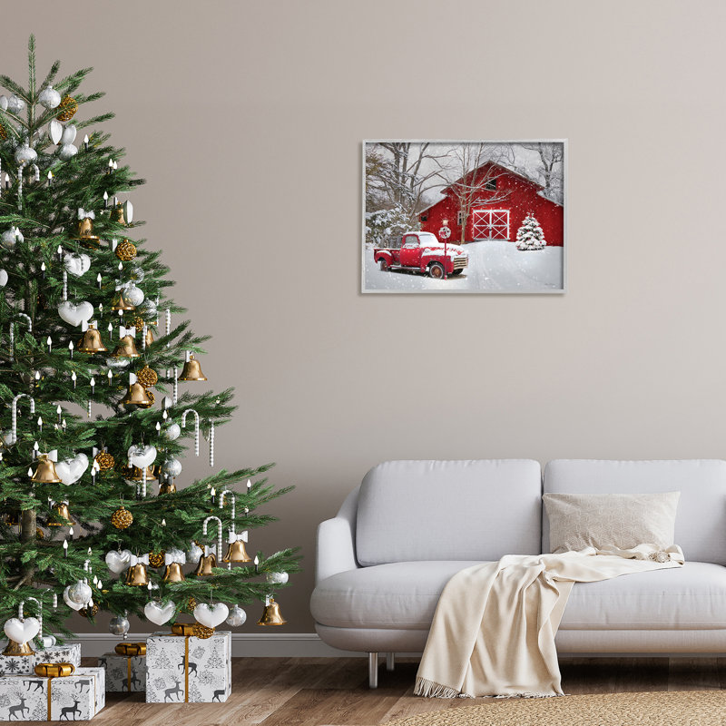 Rouge, grange et camion, neige poudreuse, paysage champêtre gris, H 24 po x l 30 po x P 1,5 po, Estampe numérique Farmhouse