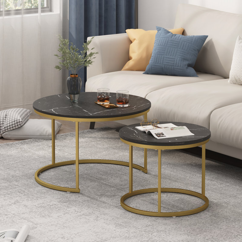 27.6in Nesting Coffee Table Set of 2, Round Coffee Table Wood Marble Pattern Top with Sturdy Metal Frame, End Table Side Tables for Living Room Bedroom Balcony Yard (Black)