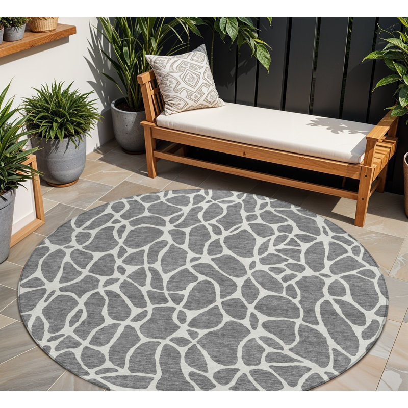 Tapis d'intérieur rond lavable à motif géométrique 8 pi gris et ivoire