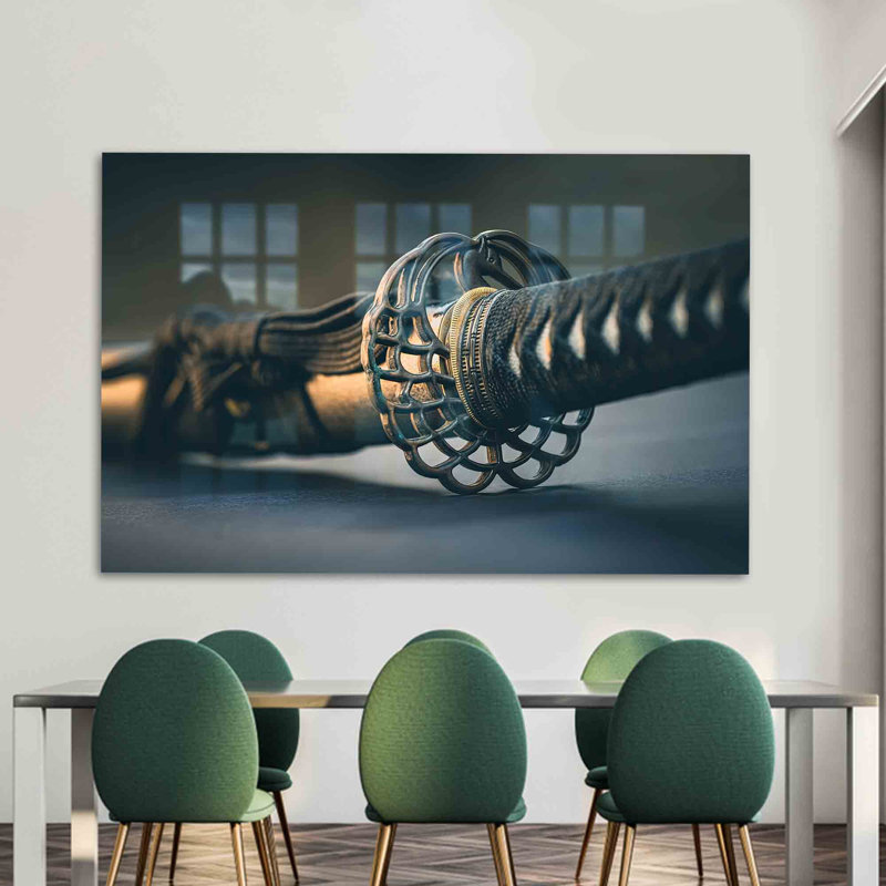 Œuvre moderne en forme de lame de Samouraï imprimée sur verre, parfaite pour la décoration murale dans les maisons contemporaines