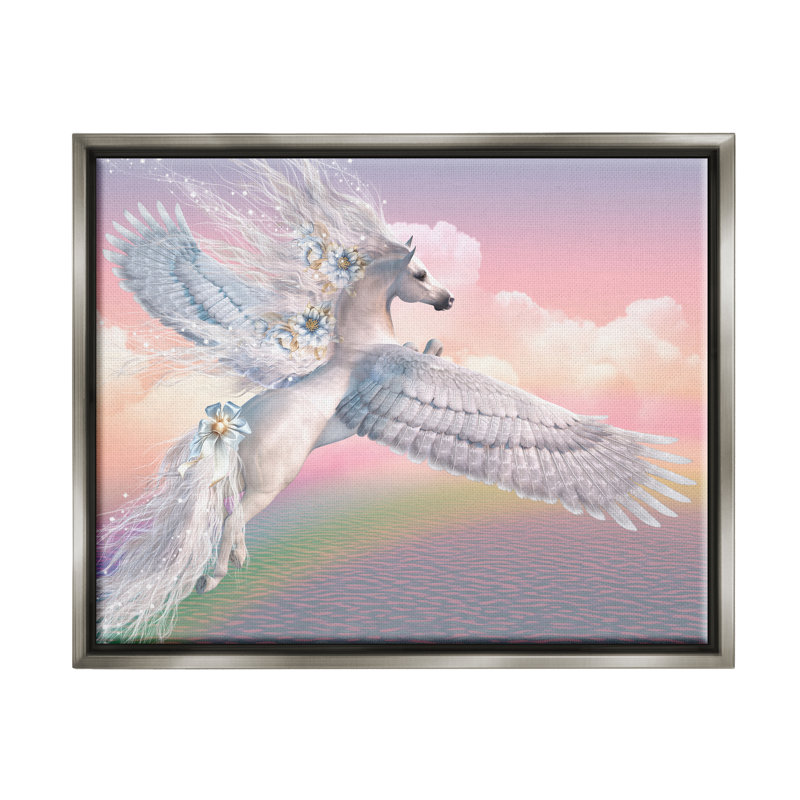 Licorne au-dessus de l'arc-en-ciel, Cadre flottant gris lustré, H 25 po x l 31 po x P 1,7 po