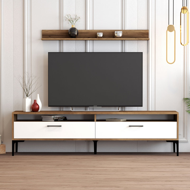 Meuble télé 70,9 po x 18,5 po x 13,8 po Modern | 100% panneau de particules enduit de mélamine, pieds en métal, poignée en plastique | Design élégant, nombreuses tablettes pour le divertissement