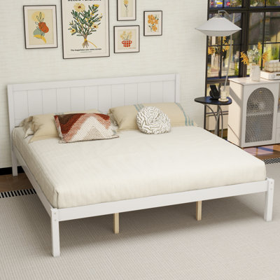 Platform Bed Frame With Headboard , Wood Slat Support , No Box Spring Needed ,King,White