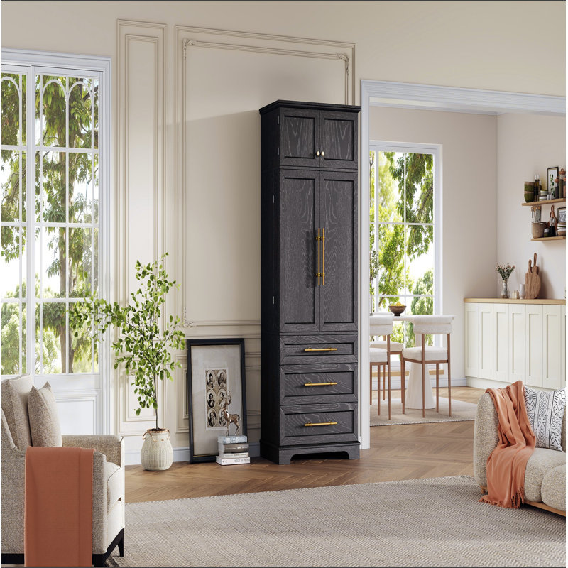 Grand garde-manger de style campagnard de 78,2 po avec 8 tablettes de porte, 1 armoire de rangement avec 3 tablettes réglables, 3 grands tiroirs, une armoire polyvalente pour la cuisine, la salle à manger et la salle de bain, noir cendré