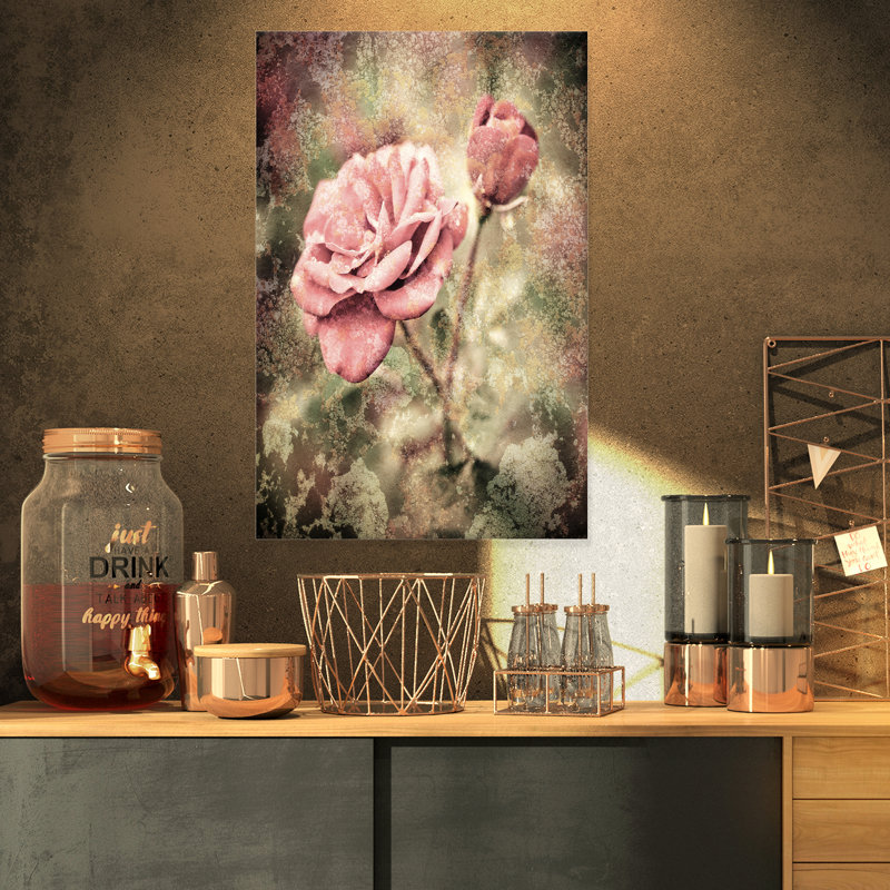 « rétro roses roses avec eau gouttes », impression sur toile tendue, H 32 po x l 16 po x P 1 po