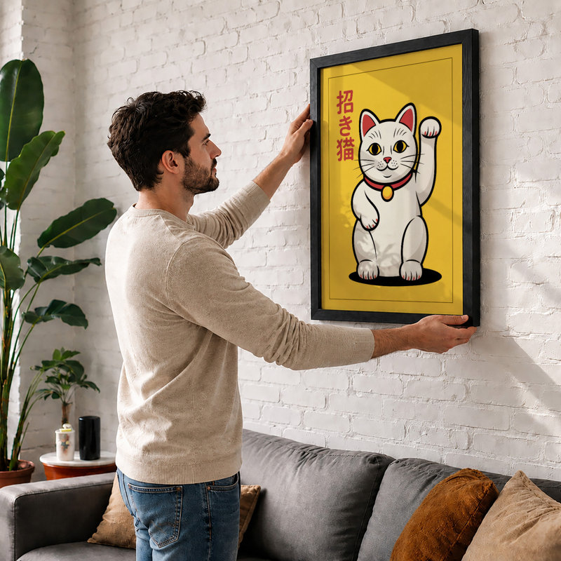 Lucky Beckoning Cat Japandi - Framed Print, A2 - 59.4 x 42.0 cm, Oak