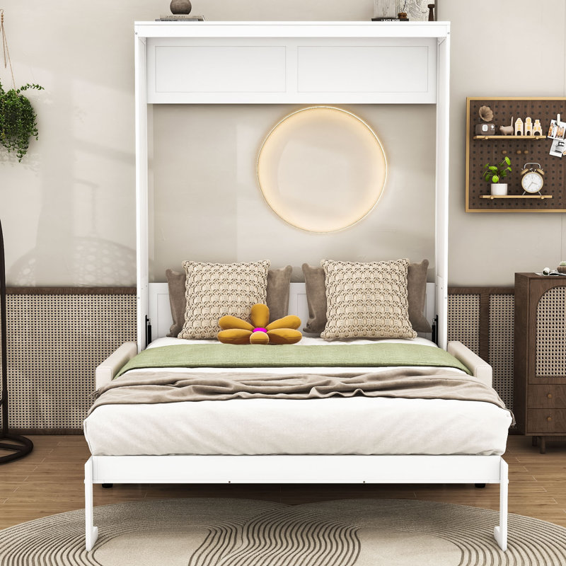 Shinpei Murphy Bed Wall Bed with Cushion, White, Queen