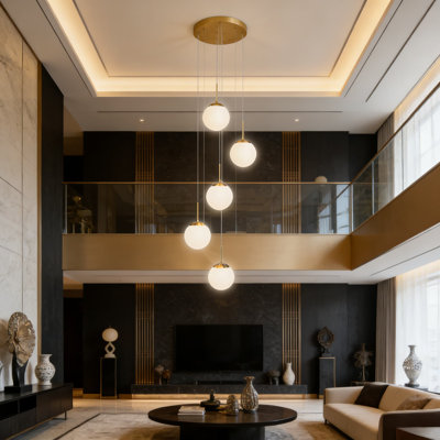 Modern 5-Light Globe Chandelier With Adjustable Cord And Dimmable Smart Bulbs, Hand-Blown Glass And Gold Finish Pendant Light Fixture For Foyer, Hallway, Or Bedroom