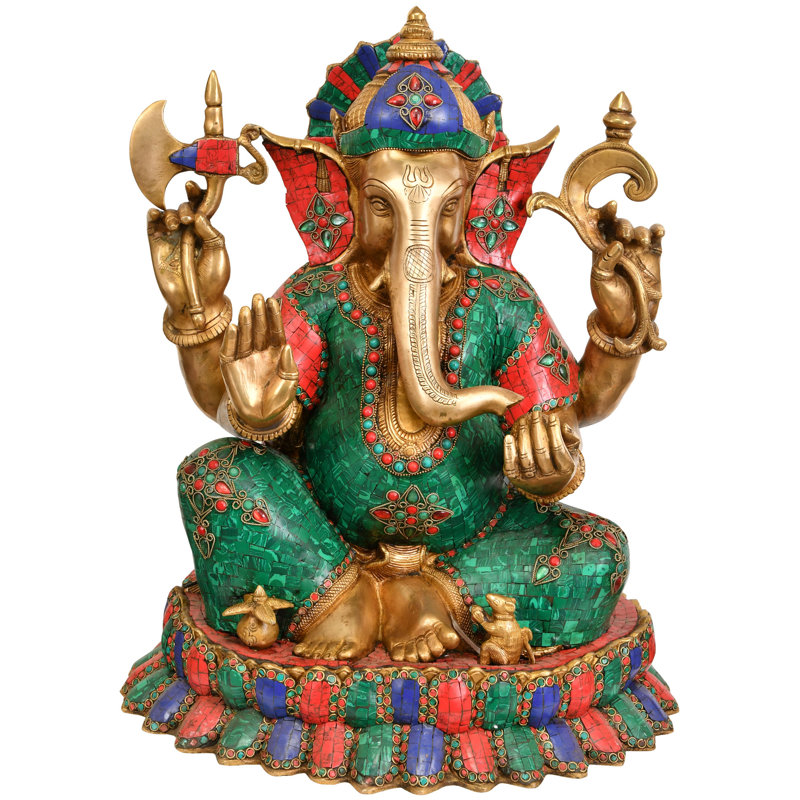 22" Lord Ganesha Brass Statue – Large Handmade Obstacle Remover Sculpture with Inlay Work for Sacred Home Décor and Prosperity Blessings