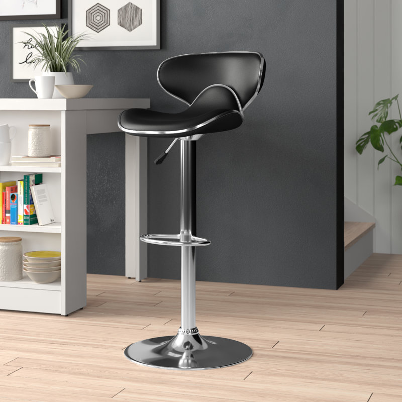 Claudine Contemporary Cozy Mid-Back Vinyl Adjustable Height Barstool with Chrome Base, Black