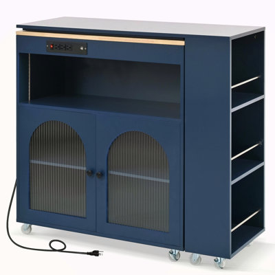 Rolling Kitchen Island With Extended Table, Kitchen Island On Wheels With LED Lights,Power Outlets And 2 Fluted Glass Doors, Kitchen Island With A Storage Compartment And Side 3 Open Shelves