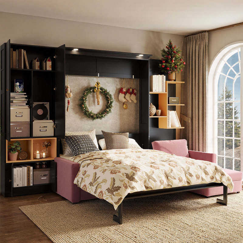 Grand lit escamotable mural avec canapé, tablettes et armoires de rangement à double éclairage, Noir