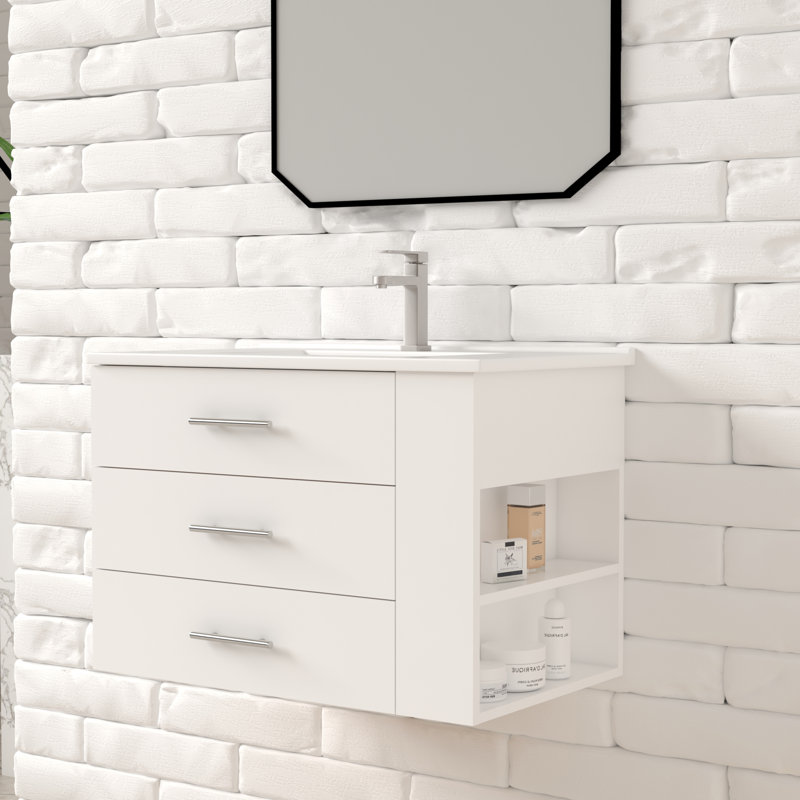 Ensemble de meuble-lavabo mural simple 30 po avec comptoir en céramique blanche avec tablette droite Aurilla, Blanc