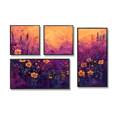 Mauve fleur de minuit sur fond de fleurs sauvages II - art mural floral 4 pièces