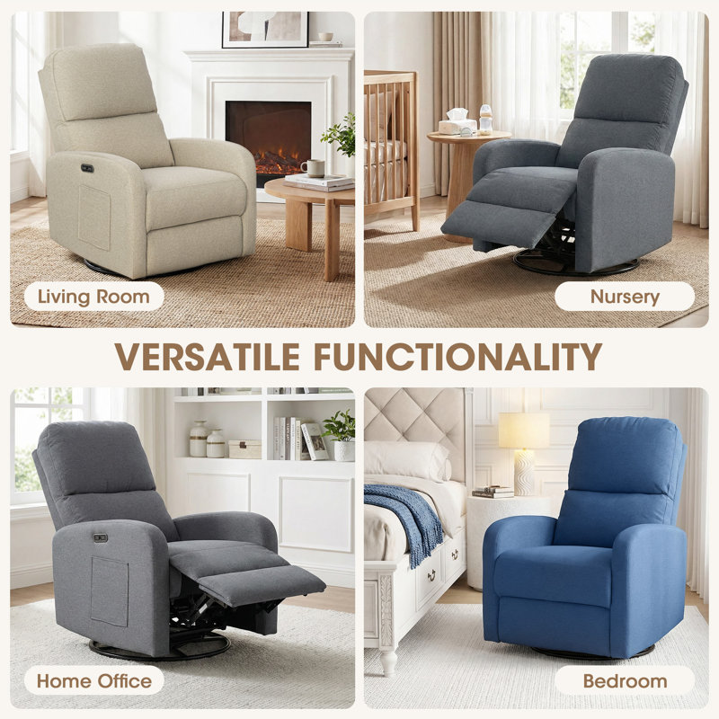 Dakota Power Recliner 3-In-1 With Swivel, Glider, USB Ports, Blue