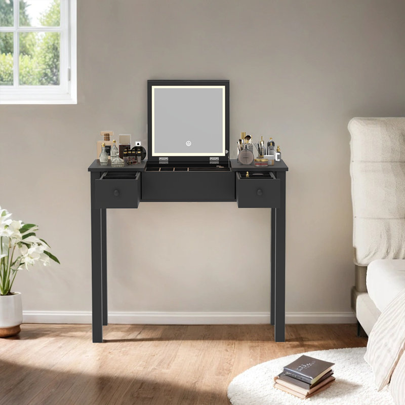 Black Make Up Vanity with LED Lights and Flip-Top Mirror
