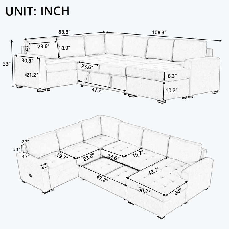 Sectional Sleeper Sofa Bed with Lounge Chair, USB and Type-C Interfaces, Beige Polyester