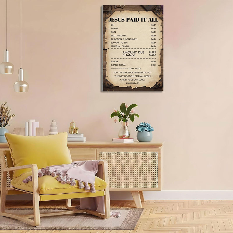 «Jesus Paid It All», impression murale sur toile, impression de motif de reçu pour salon, chambre à coucher ou affiche à la maison, encadrée 16 * 24 po