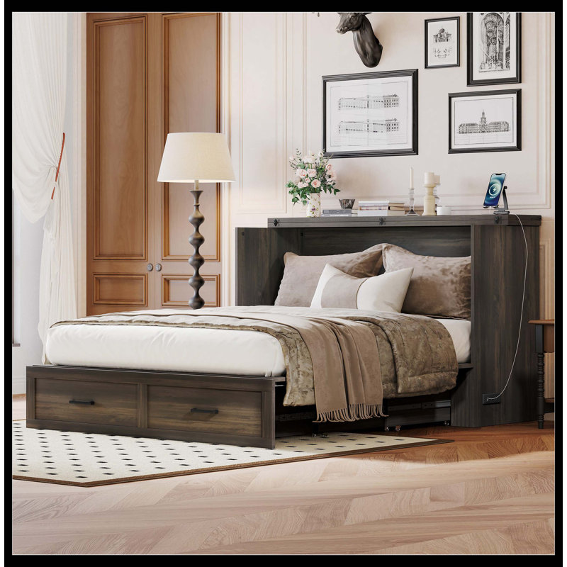 Grand lit escamotable style ferme avec station de charge, lit plateforme pliable avec grand tiroir de rangement pour chambre d'amis, petite chambre, gris rustique