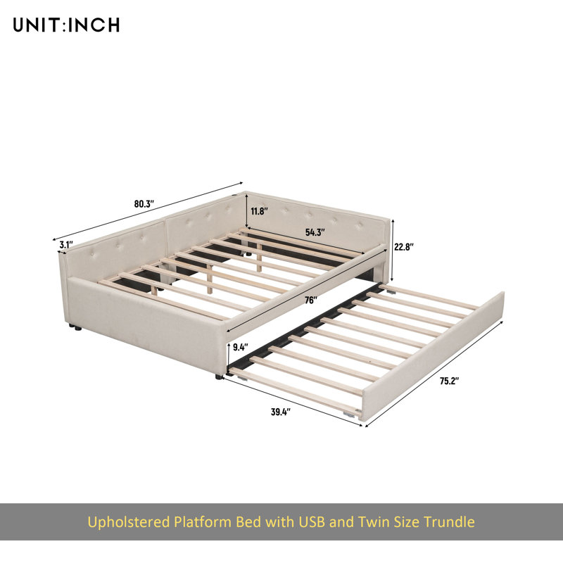 Lit plateforme double tapissier avec USB et lit gigogne simple, beige, Complet/Double