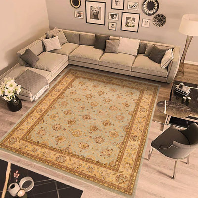 Tapis vert / doré en laine noué à la main 8 pi 7 po x 13 pi 8 po Abbigail Southwestern