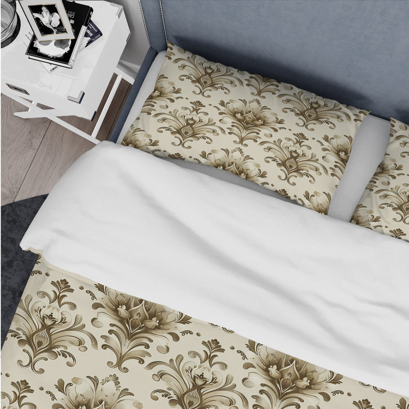 Ensemble de housse de couette moderne beige à motif damassé classique II, Housse de couette très grand et 2 très grandes t