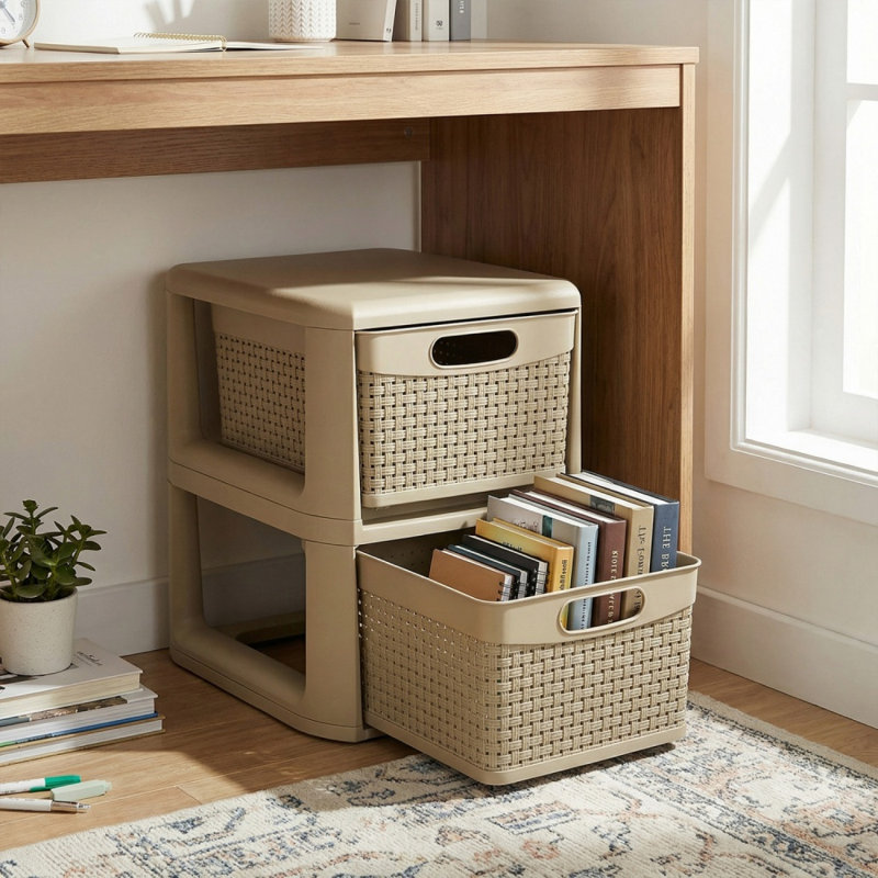 Organisateur de rangement mince à 2 tiroirs avec motifs en osier