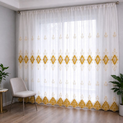 Rod Pocket Sheer Curtains for Living Room, European Vintage Style Sheer Curtain with Exquisite Golden Embroidery, Light Filtering Embroidered Drapes for Bedroom (2 Panels , 52''W * 84''L)