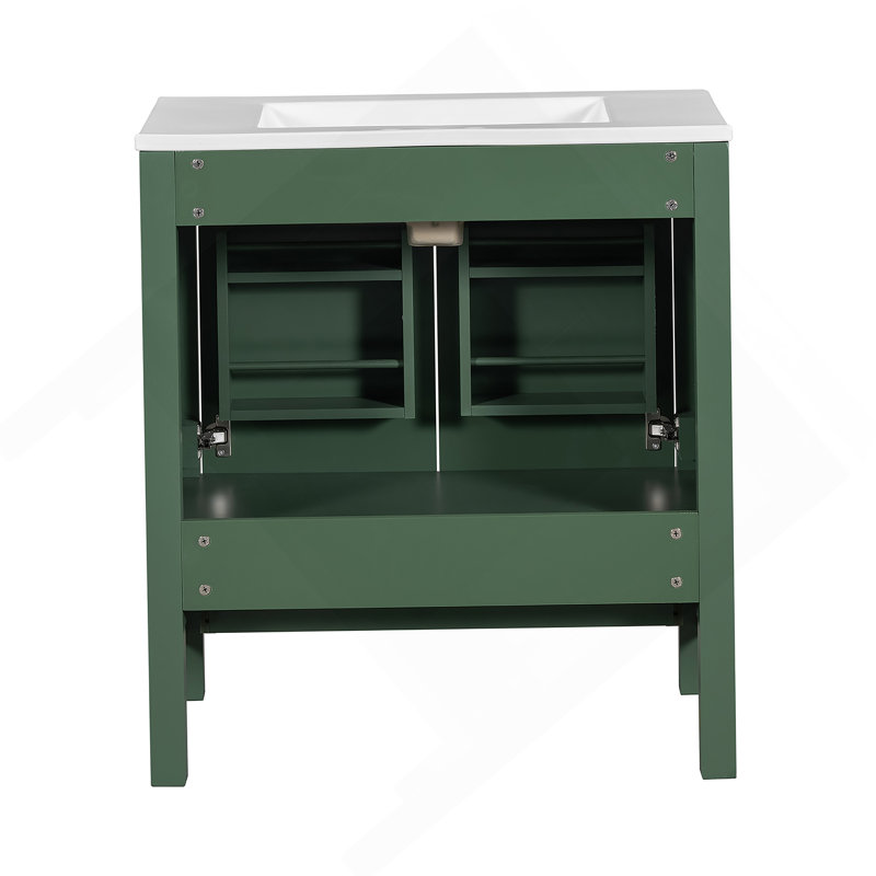 Meuble-lavabo vert 30 po avec lavabo simple, meuble-lavabo sous le comptoir, armoire de rangement pour la salle de bain avec 2 portes et un tiroir, fermeture en douceur, rangement multifonctionnel, structure en bois massif