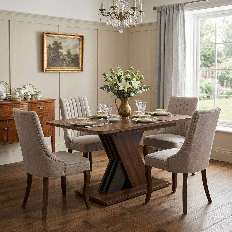 Rectangle Pedestal Dining Set with Rayon Cloth Flocking Fabric Dining Chairs Set, 5, Beige, Brown