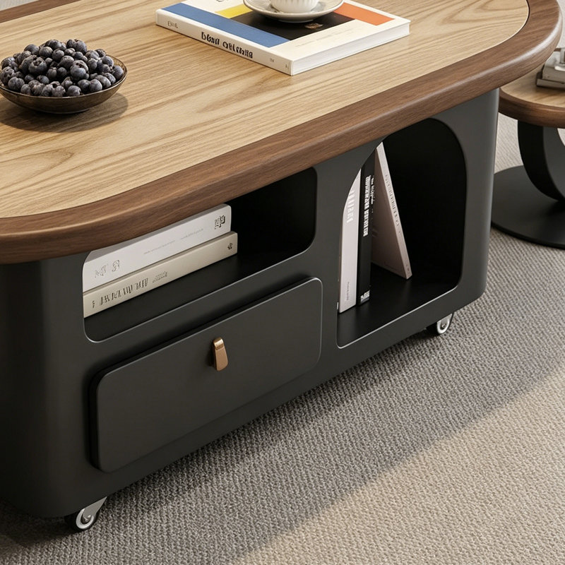 Table basse mobile avec rangement en bois et roulettes, Bois robuste / noir, H 16,53 po x L 51,18 po x l 25,98 po