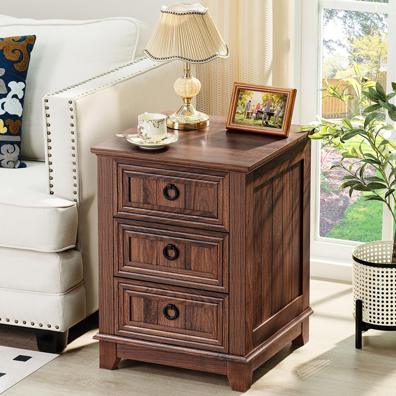 18" Farmhouse Night Stand with 3 Drawers, Brown
