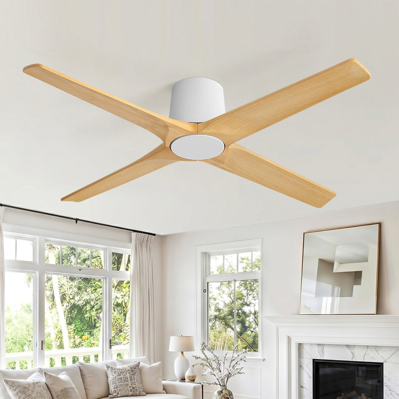 Ventilateur de plafond encastré standard à 4 pales en bois massif avec télécommande, Blanc, 48, Grain de bois naturel