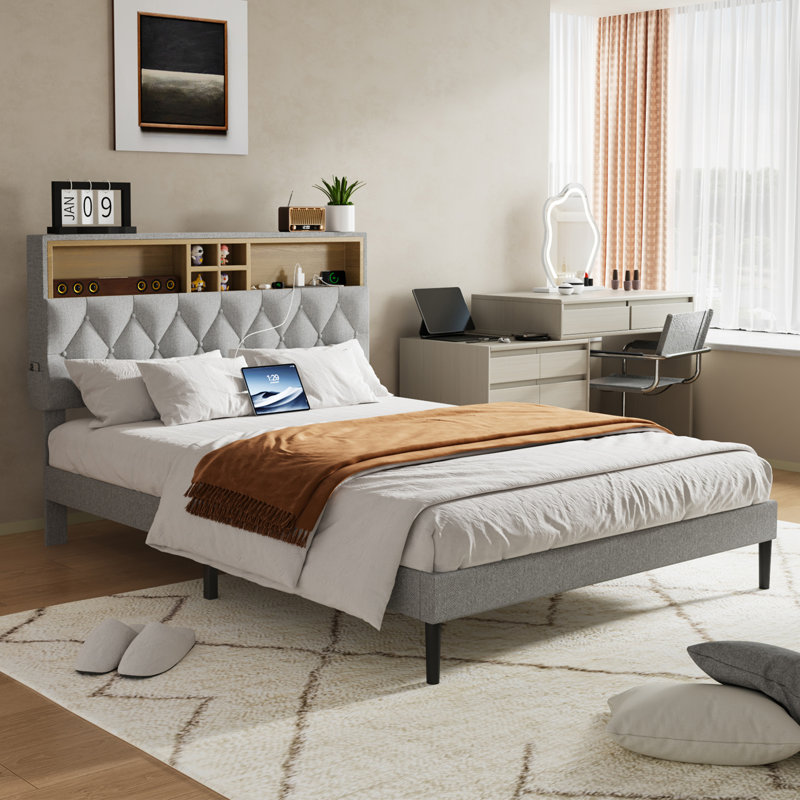 Bed Frame With 2-Tier Storage Adjustable Headboard & Charging Station, Solid And Stable, No Box Spring Needed, Noise Free, Easy To Assemble
