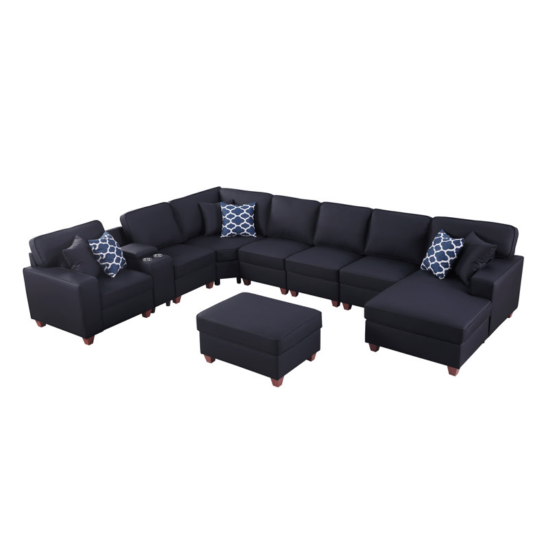 Belmont - U-Shape Leather Sectional With Cupholder Console And Ottoman, Black Faux Leather
