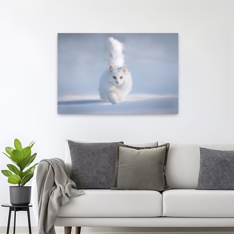 Illustration murale contemporaine abstraite d'un chat blanc gracieux, représentant un paysage naturel., H 32 po x l 48 po