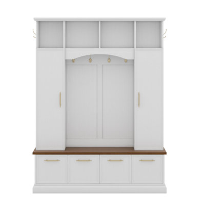 Hall Tree With Golden Hooks And Handles, Practical Entryway Walnut Bench With Adjustable Shelves, Farmhouse Wooden Style Coat And Shoe Rack