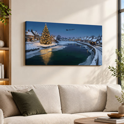 Snowy Village With Lit Christmas Tree And Santa Sleigh Canvas Wall Art