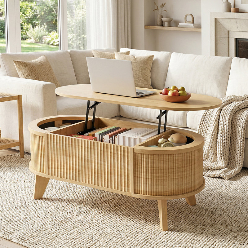 Lyra Lift Top Coffee Table with Storage, Modern Oval Wood Coffee Table, Natural Coffee Table for Living Room,38.6"W x 18.9"D x 18.5"H