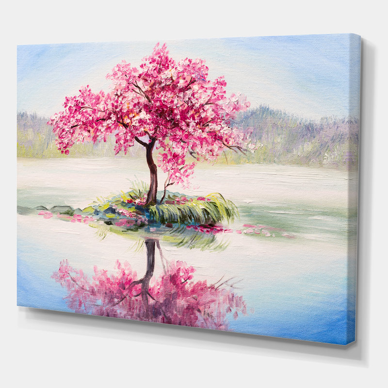 Cerisier japonais sur un petit îlot idyllique - reproduction d'art sur toile, H 30 po x l 40 po x P 1,5 po, Toile tendue
