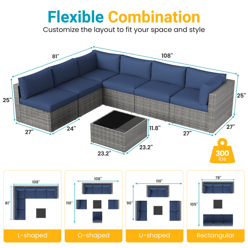 Abra 7 Piece Patio Rattan Seating Group with Cushions, Navy