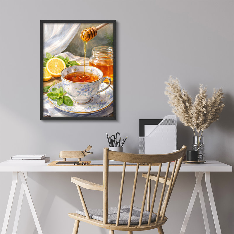 Honey Lemon Tea Still Life Framed Wall Art Prints - Cozy Kitchen Decor, Noir, H 16 po x l 12 po