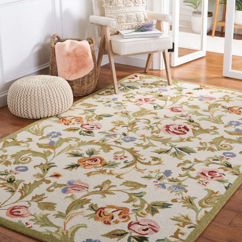 Hollander Floral Hand-Hooked Wool Ivory/Green Area Rug, Rectangle 8' x 10'