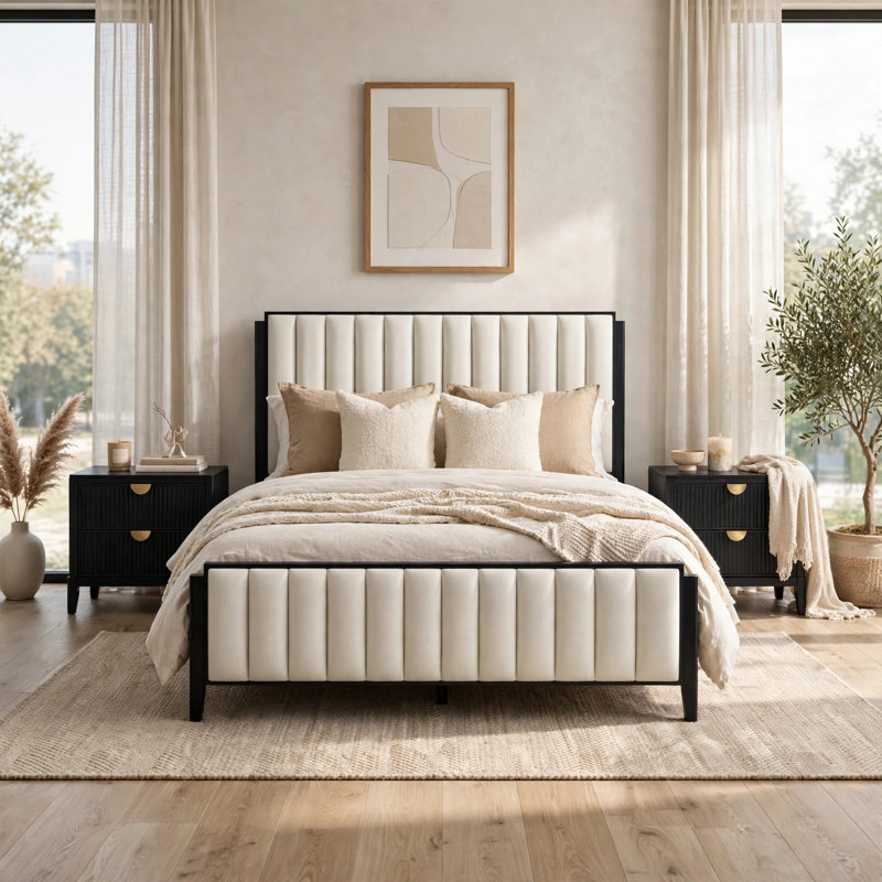 Ensemble de chambre pour très grand lit, tapissier, noir, ivoire, 3 pièces avec 2 tables de chevet