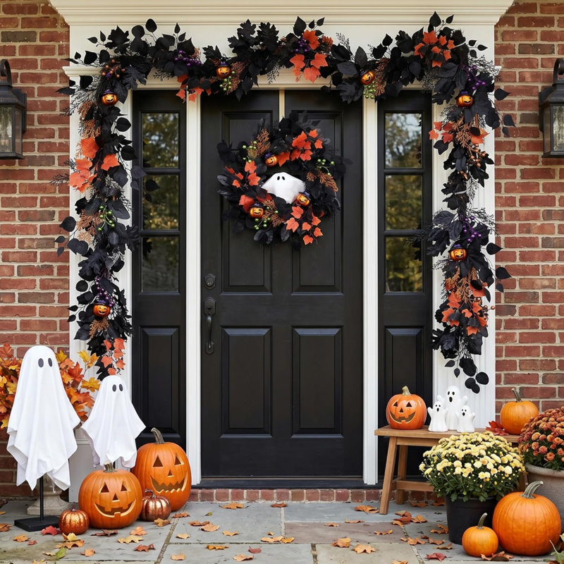 Couronne d'Halloween de 50 cm avec lumières fantômes pour porte d'entrée | Citrouilles fantômes pré-éclairées avec commande vocale et minuterie pour décorer votre porche, mur ou table de fête intérieure