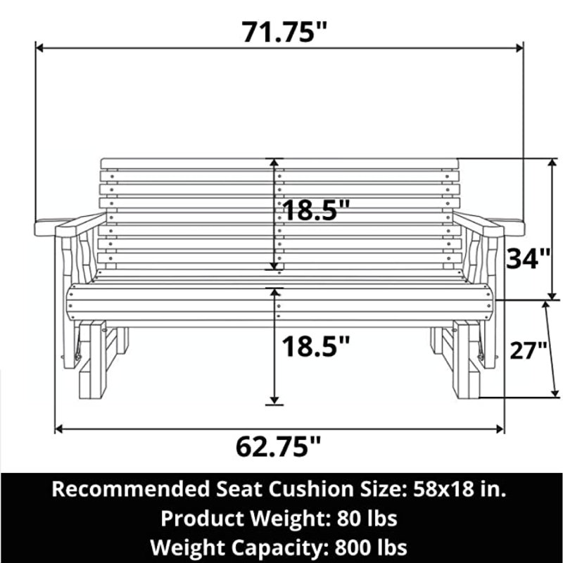 Banc coulissant robuste avec véranda à dossier rétractable 800 lb, 5 pi, porte-gobelets, Noir semi-solide