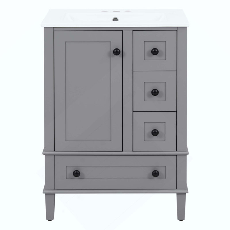Meuble-lavabo de salle de bain avec lavabo intégré en céramique, avec tablette à double couche, tiroirs à fermeture en douceur et porte d'armoire à fermeture en douceur.
