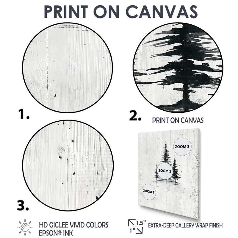 «Black Grey Winter White Trees White Forest - Pine», art mural pour le salon, impression sur toile nature noire, Noir