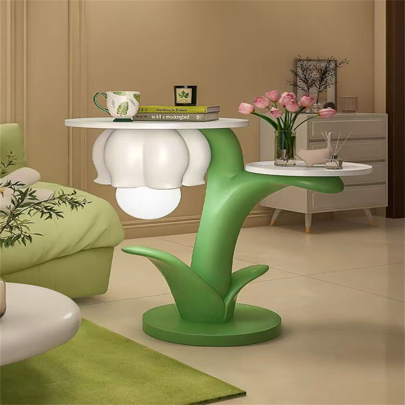 Creative Flower-Shaped Floor Lamp Side Table – Cream Wind Bedroom Nightstand Living Room Sofa Side Storage Shelf with Integrated Ambient Light